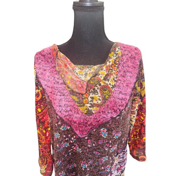 Ali Miles Patchwork Floral Knit Tunic Top  L Boho Chic Style Artsy Casual Blouse - Picture 3 of 9
